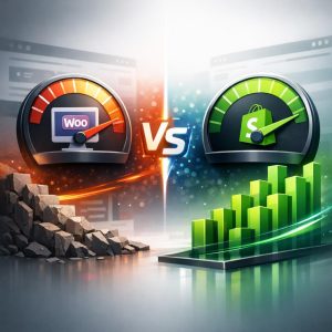 Side-by-side performance comparison of WooCommerce and Shopify e-commerce platforms with metrics and analytics dashboard