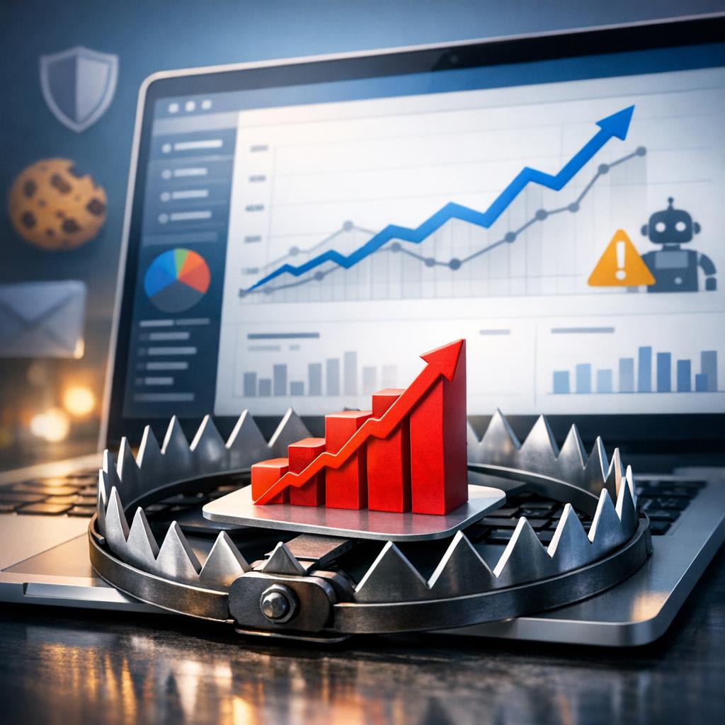 Business professional analyzing web analytics data discrepancies on multiple dashboard screens showing tracking gaps