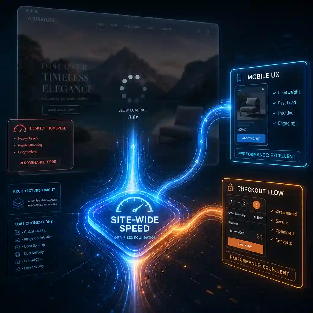 A futuristic, stylized visualization of a website's architecture. An attractive but slow-loading desktop homepage is visible in the background, semi-transparent. In the foreground, a vibrant, glowing energy flow labeled "SITE-WIDE SPEED" acts as the foundation, bypassing the homepage.