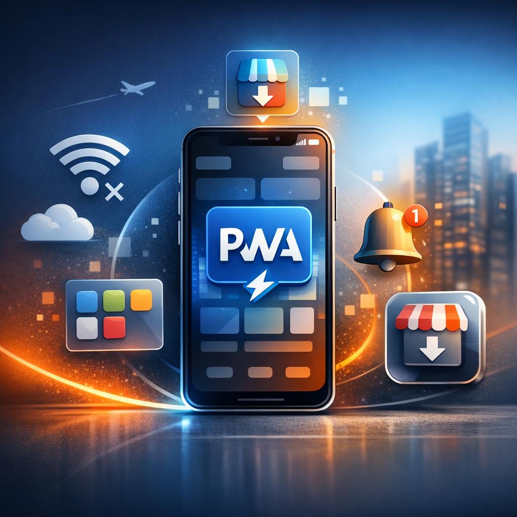 Progressive Web App interface showing mobile optimization and native app features on smartphone screen