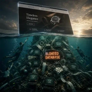 High-end website interface floating just above the surface of deep, dark ocean water. Below the waterline a chaotic, tangled, monstrously bloated coral reef made of rusty servers, unspooled data tapes, and decaying glowing digital files.