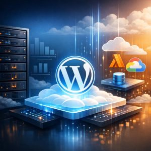 Modern cloud infrastructure diagram showing serverless WordPress architecture with global edge distribution and scalability
