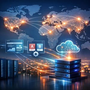 Edge computing network visualization showing distributed CDN nodes processing dynamic web application requests globally
