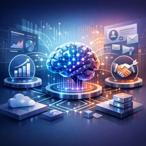 Business executives analyzing unified revenue operations dashboard with AI-powered analytics and cross-department data visualization